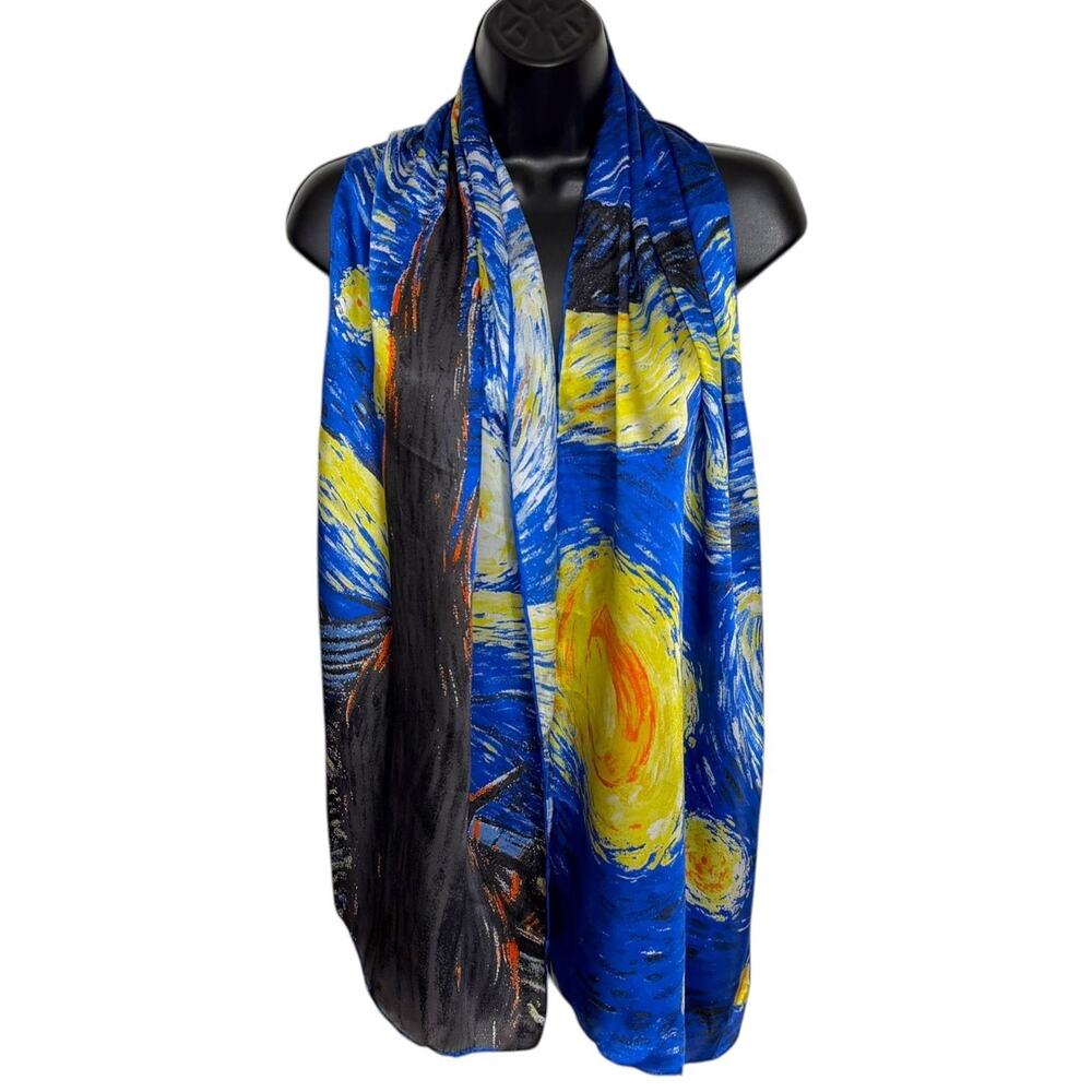 VAN GOGH STARRY NIGHT SCARF ART PRINT BLUE YELLOW SILK IMPRESSIONIST ARTIST GIFT